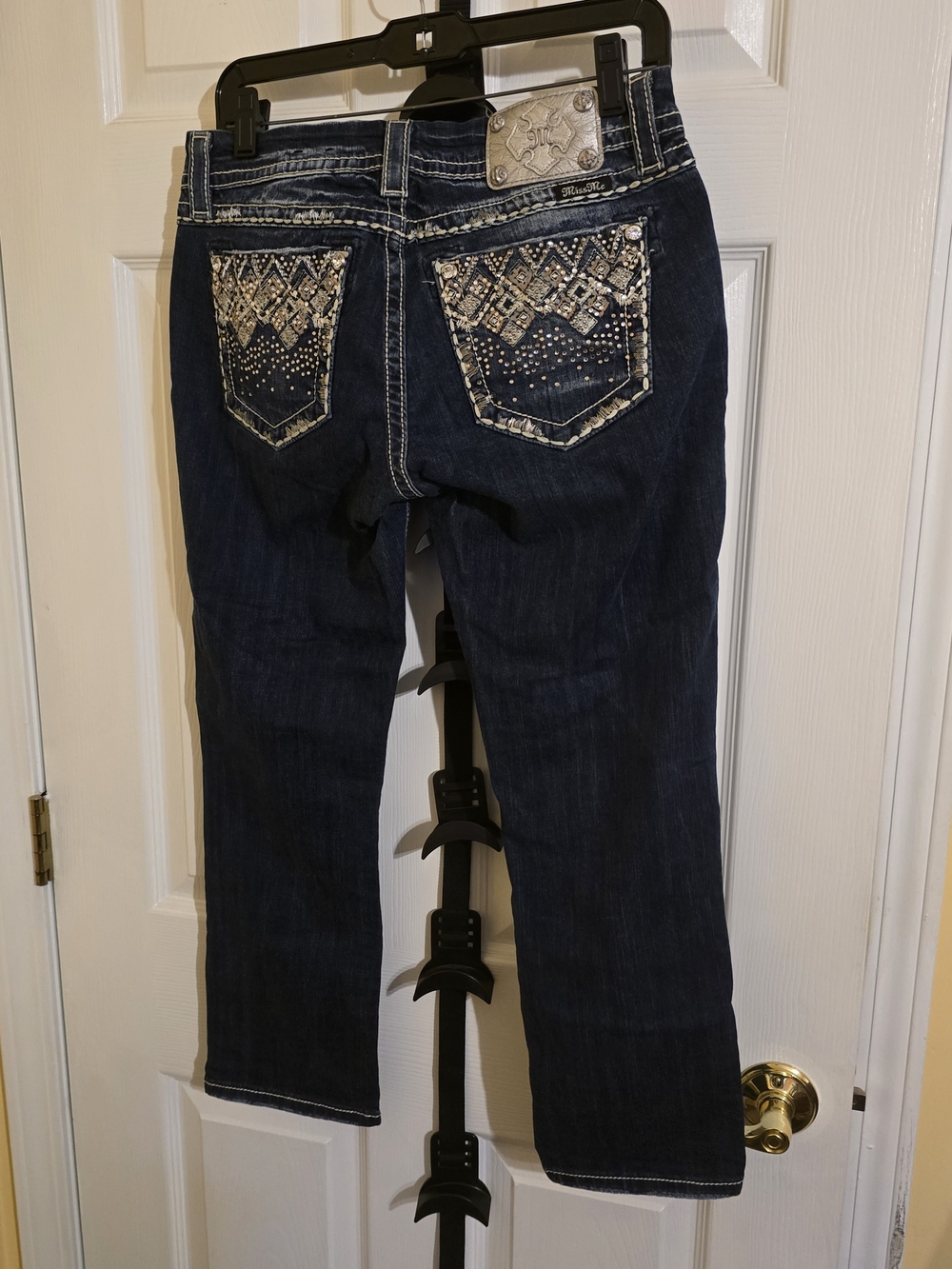 Miss Me Dark Blue Straight Leg Jeans with Embellished Pockets
